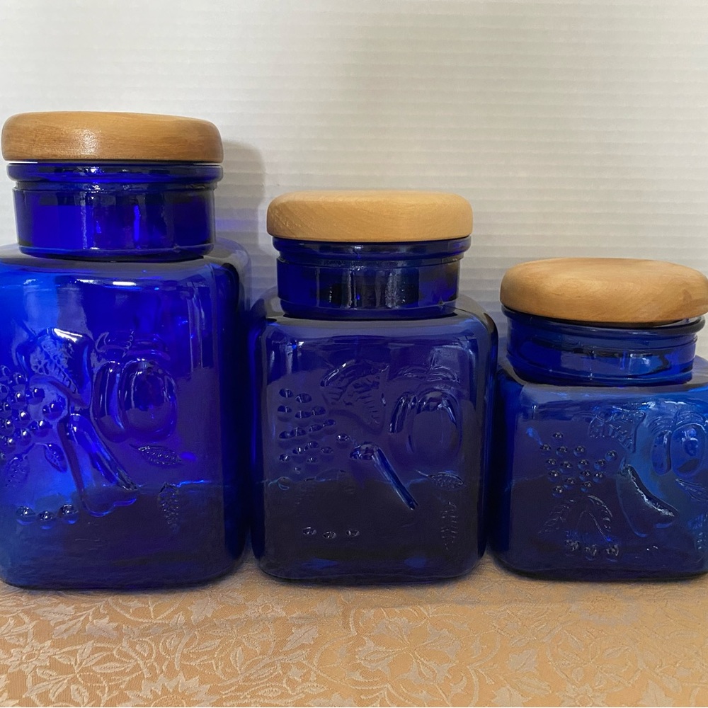 Cobalt Blue Glass Canister Set with Wooden Lids and embossed fruit motif